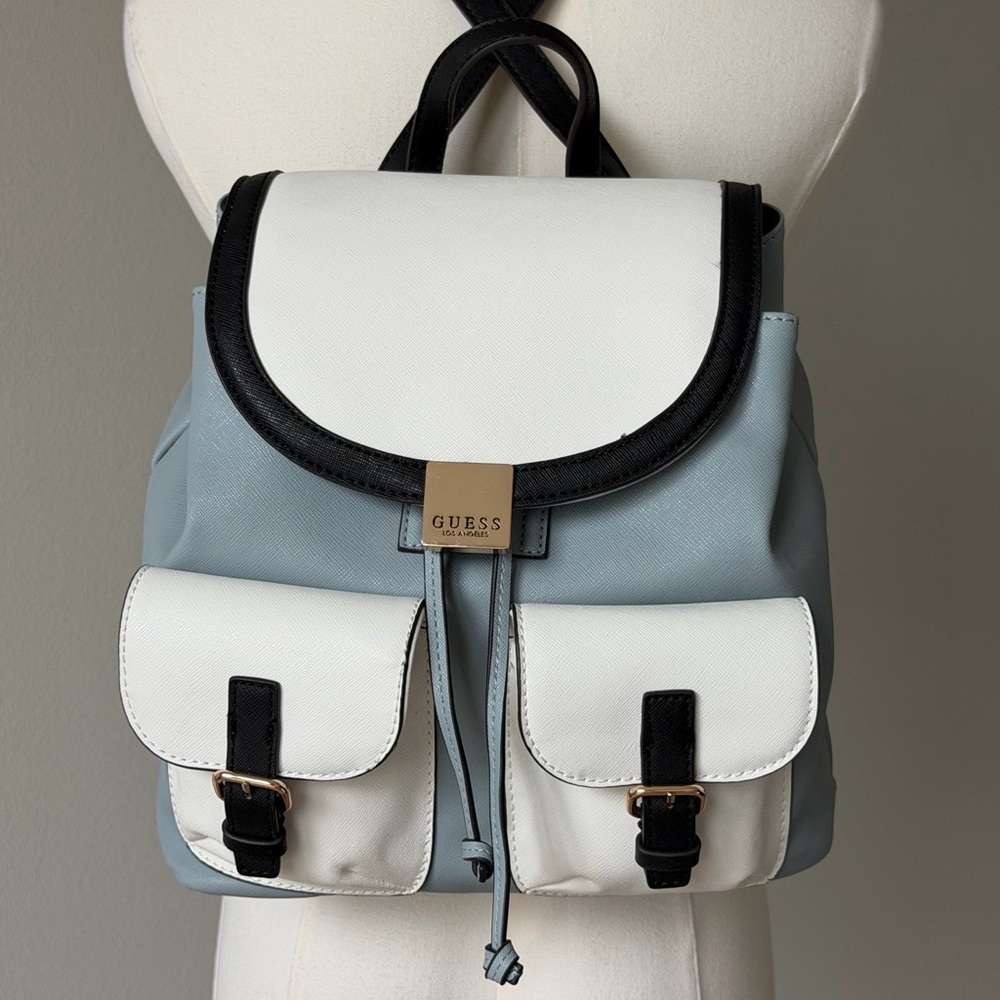 Everyday GUESS Gammill White, Light Blue & Black Dual Buckled Pockets Backpack - Picture 3 of 16